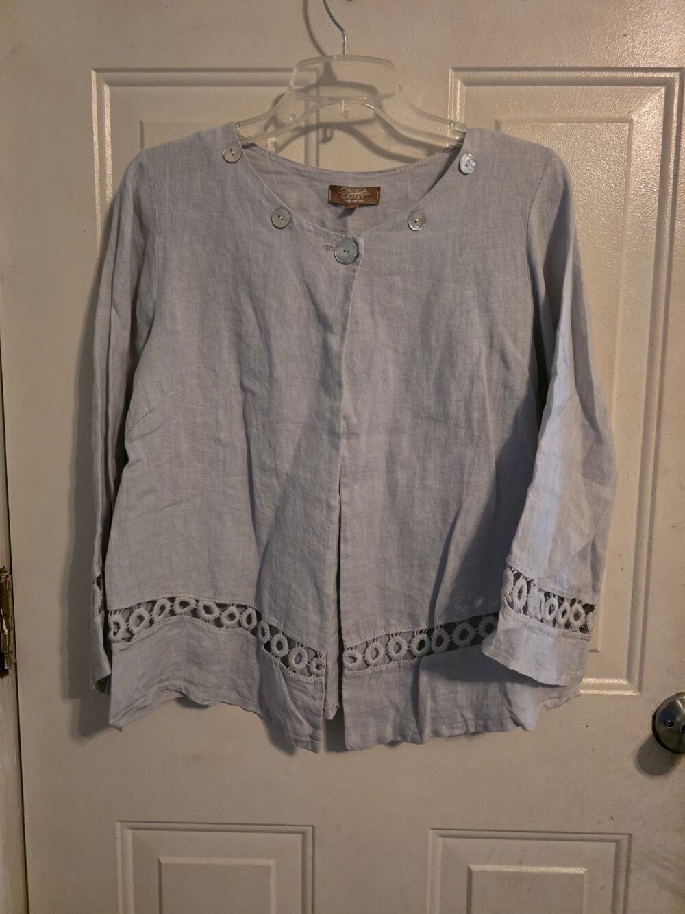 Carla Conti Womens Size Large Blue Nude 100% Linen Cardigan Blouse Top Italy